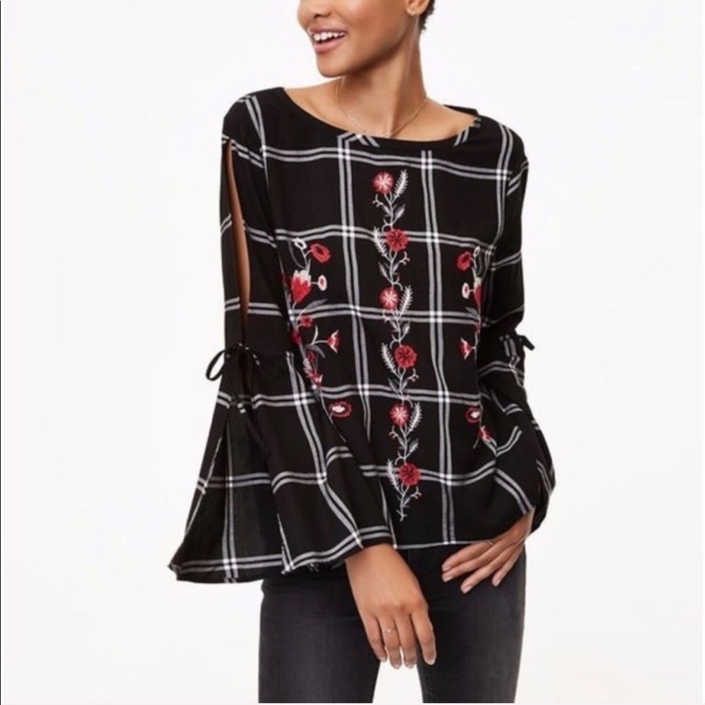 LOFT Floral Embroidered Tie Bell Sleeve Plaid Top M